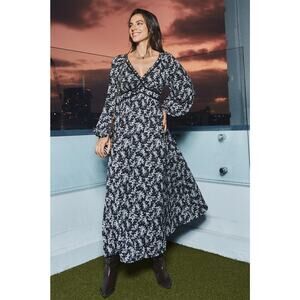 Cupshe Women's Black Ditsy V-Neck Puff Sleeve Maxi Dress- NWT - Sz S